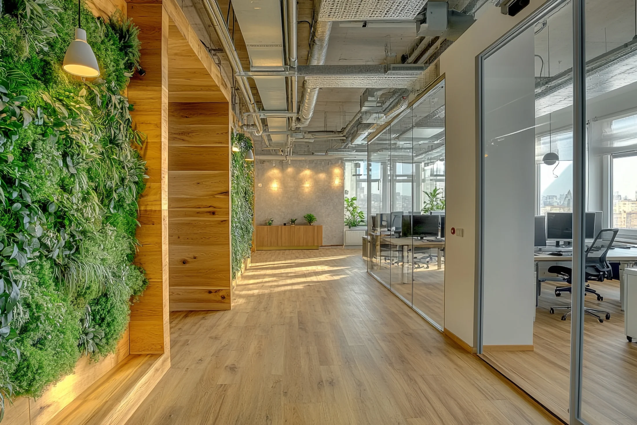Bright modern office with glass meeting rooms and a living wall